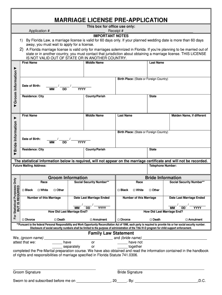 State of Florida Marriage License Template Printable  Form